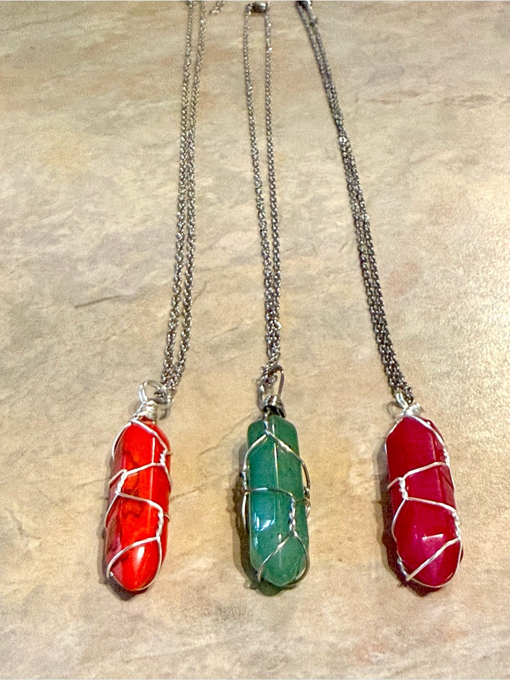 Wire-Wrapped Crystal Pendant Necklace - Green, Red turquoise & Raspberry Agate